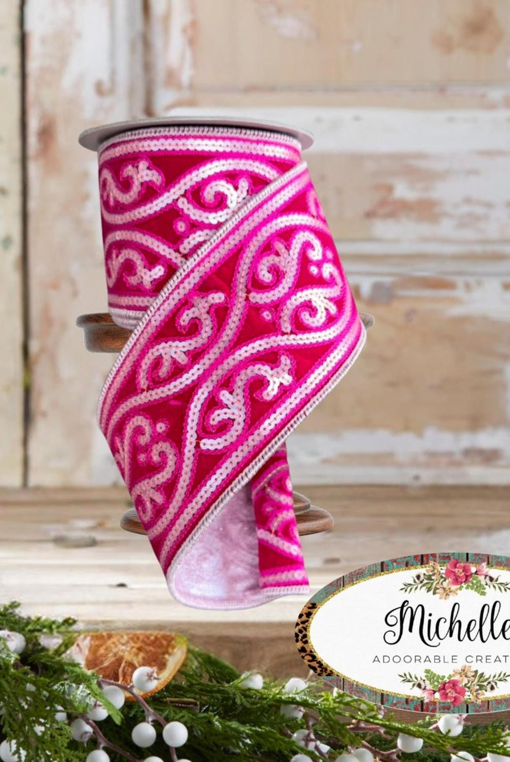 4" Morris Tapestry Ribbon: Light Pink (5 Yards)