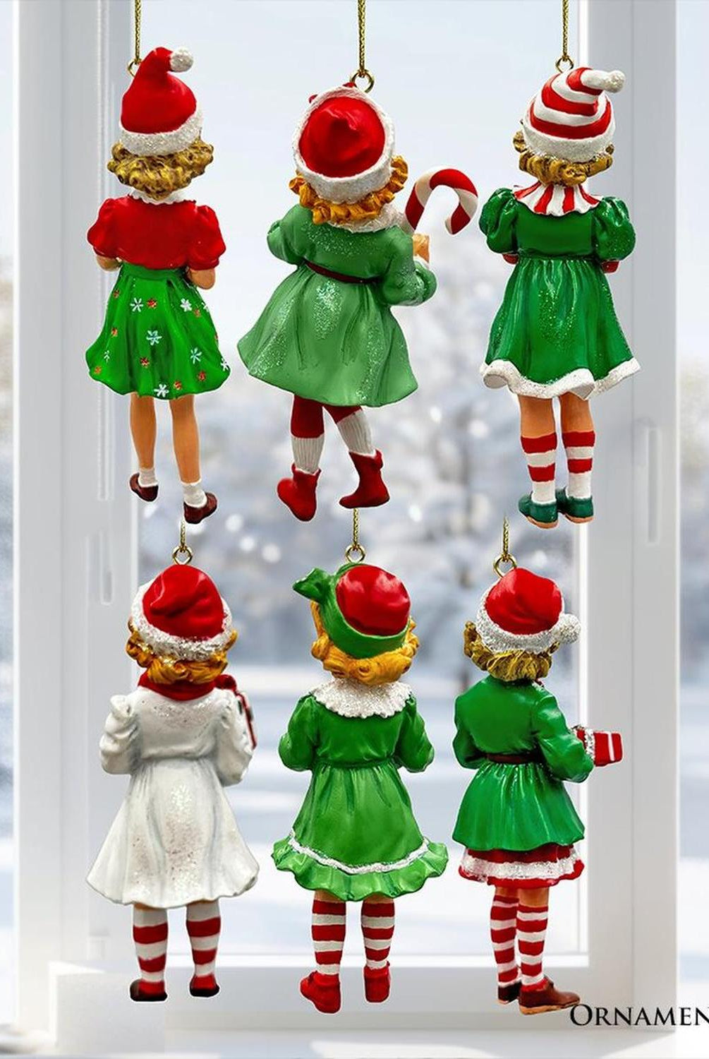 Nostalgic Victorian Christmas Girl Charming Set of 6 Ornaments, Vintage Old Fashioned Resin Holiday Decoration