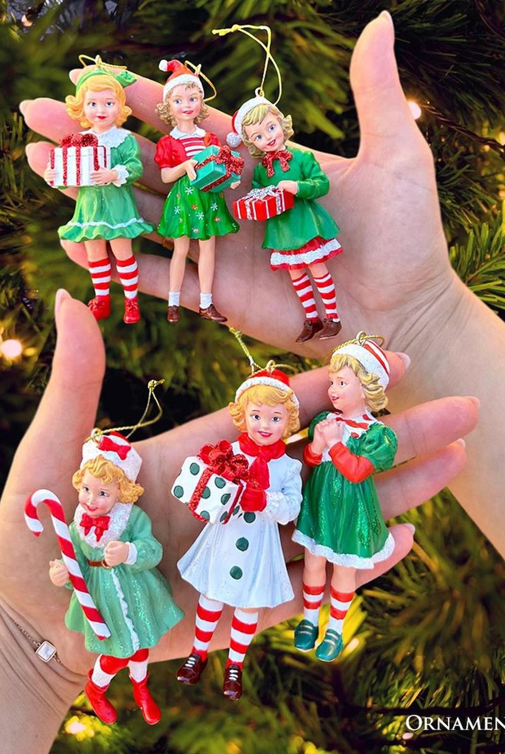 Nostalgic Victorian Christmas Girl Charming Set of 6 Ornaments, Vintage Old Fashioned Resin Holiday Decoration