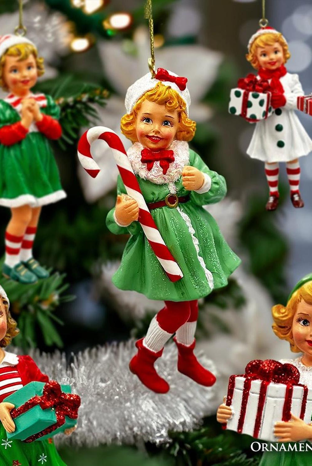 Nostalgic Victorian Christmas Girl Charming Set of 6 Ornaments, Vintage Old Fashioned Resin Holiday Decoration