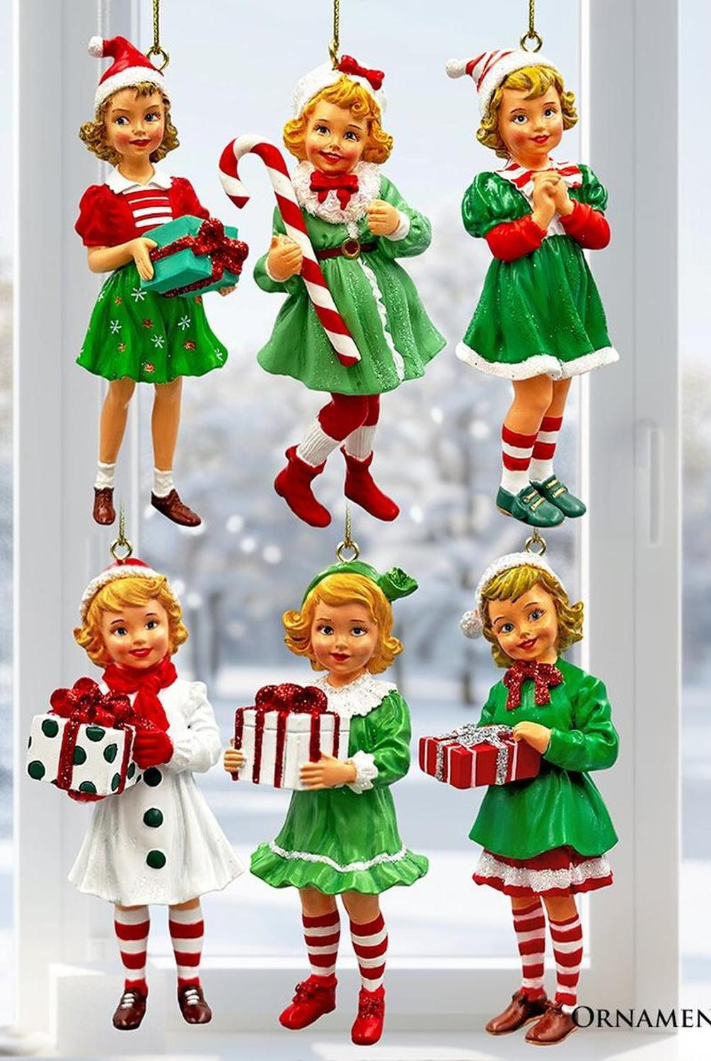 Nostalgic Victorian Christmas Girl Charming Set of 6 Ornaments, Vintage Old Fashioned Resin Holiday Decoration