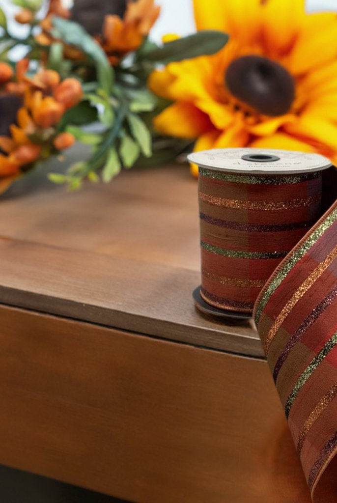 Shop For 4" Plaid Glitter Stripe Ribbon: Autumn Orange (5 Yards) at Michelle's aDOORable Creations