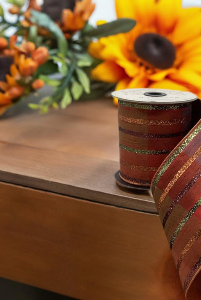 Shop For 4" Plaid Glitter Stripe Ribbon: Autumn Orange (5 Yards) at Michelle's aDOORable Creations