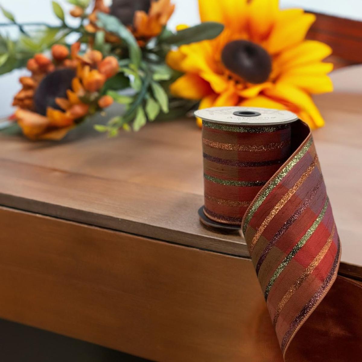 Shop For 4" Plaid Glitter Stripe Ribbon: Autumn Orange (5 Yards) at Michelle's aDOORable Creations