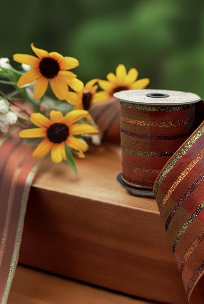 Shop For 4" Plaid Glitter Stripe Ribbon: Autumn Orange (5 Yards) at Michelle's aDOORable Creations