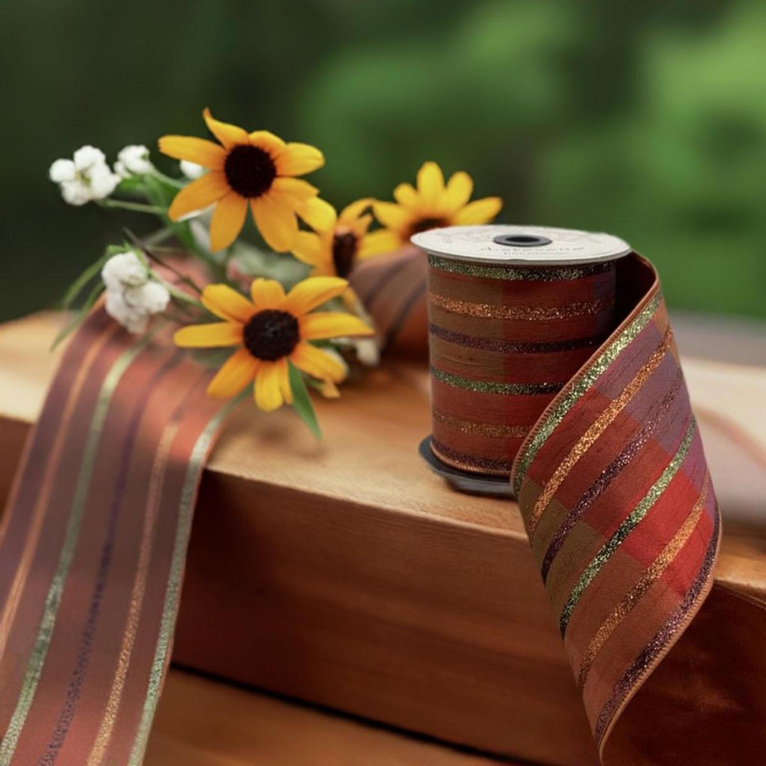 Shop For 4" Plaid Glitter Stripe Ribbon: Autumn Orange (5 Yards) at Michelle's aDOORable Creations