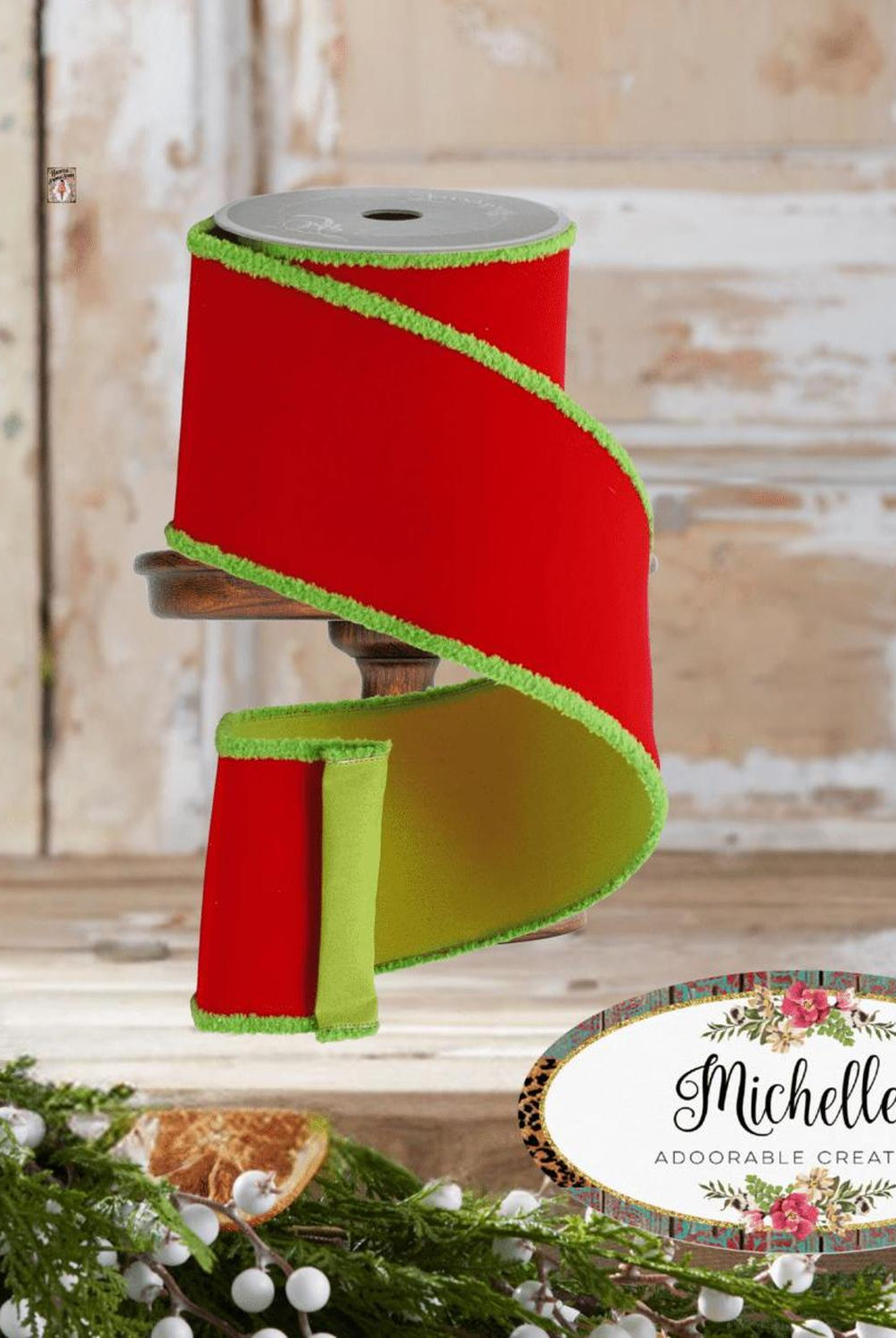 4" Scrooge Green Trim Ribbon: Red (10 Yards)