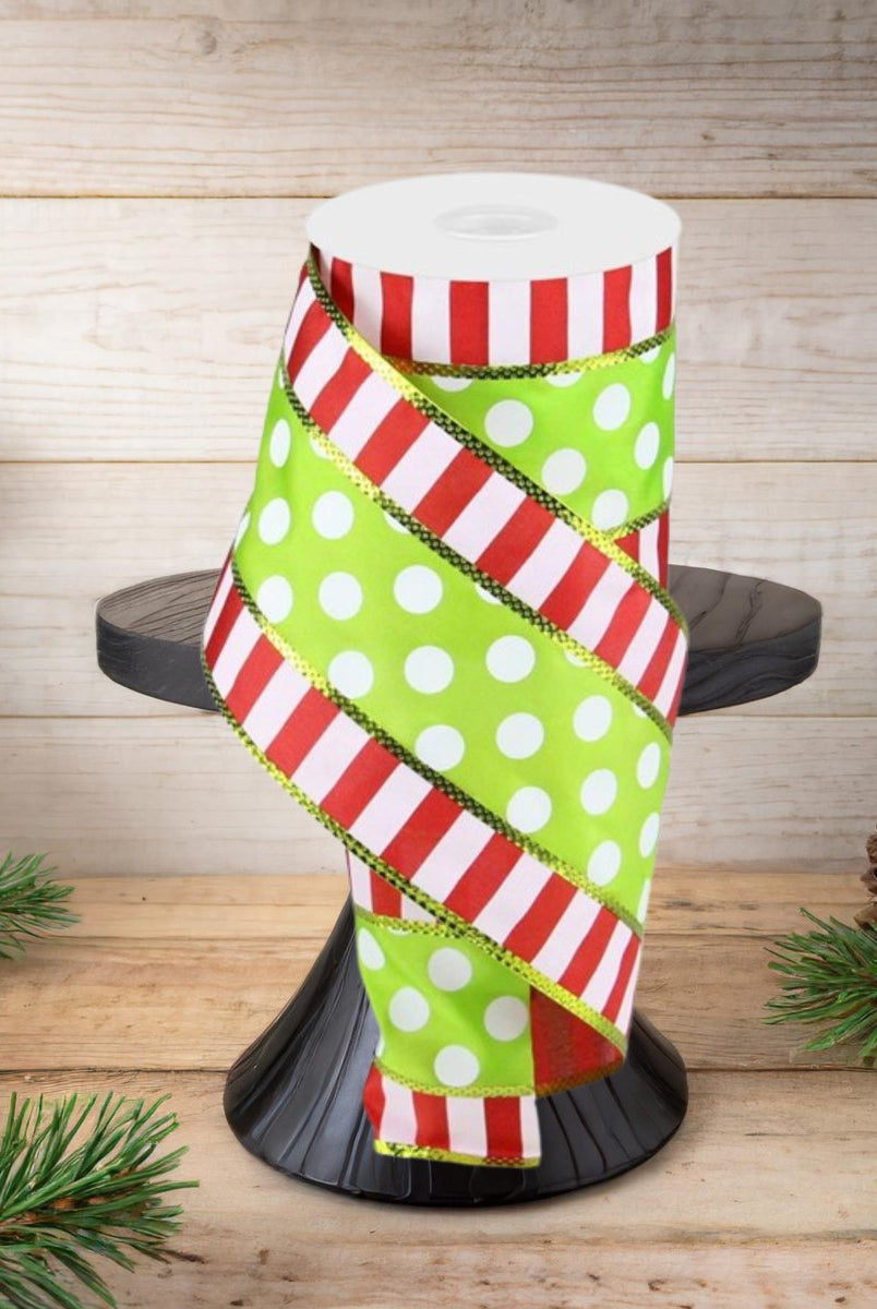 Shop For 4" Striped Edge Polka Dot Ribbon: Red, Green & White (10 Yards)