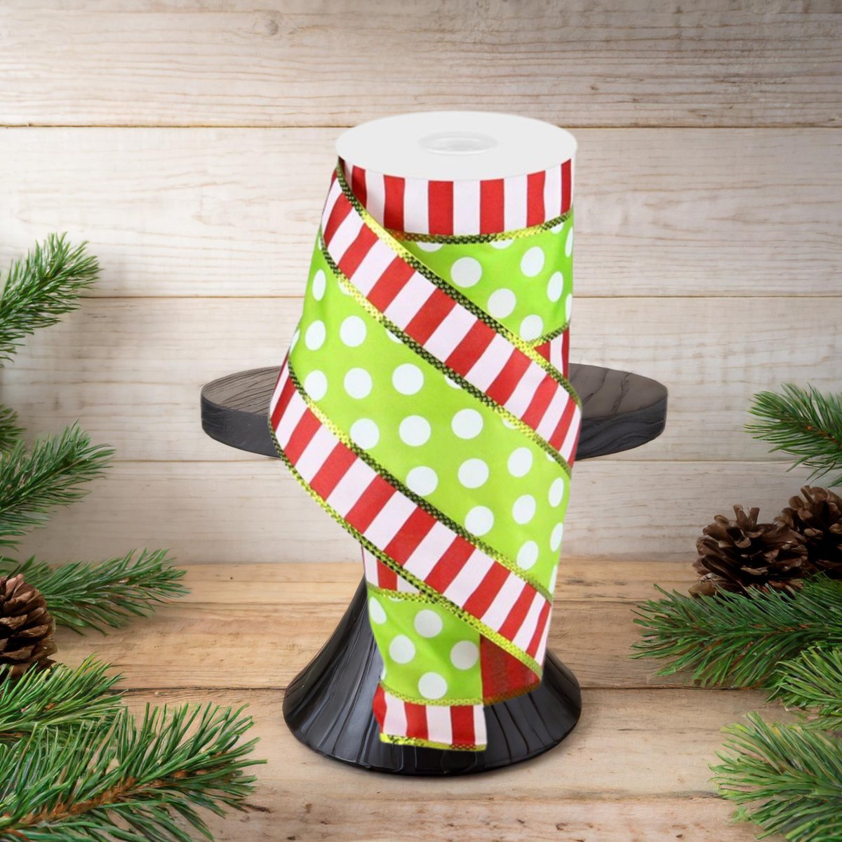 Shop For 4" Striped Edge Polka Dot Ribbon: Red, Green & White (10 Yards)