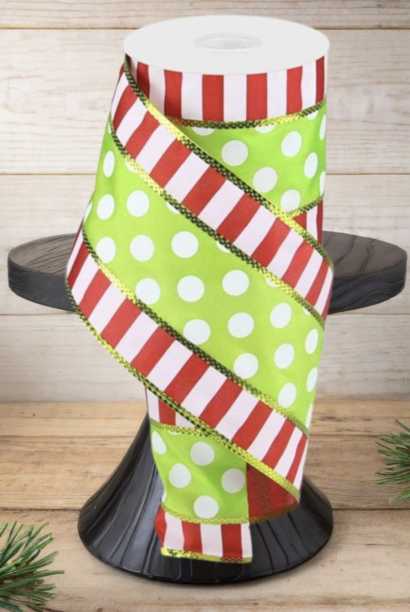 Shop For 4" Striped Edge Polka Dot Ribbon: Red, Green & White (10 Yards)