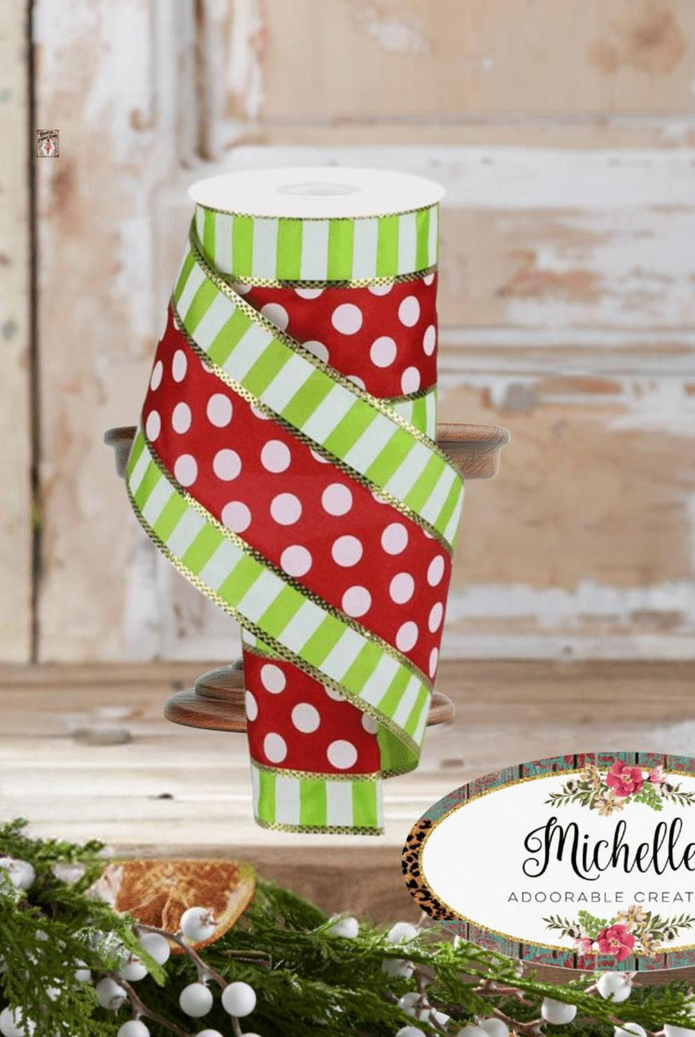 4" Striped Edge Polka Dot Ribbon: Red, Lime & White (10 Yards)