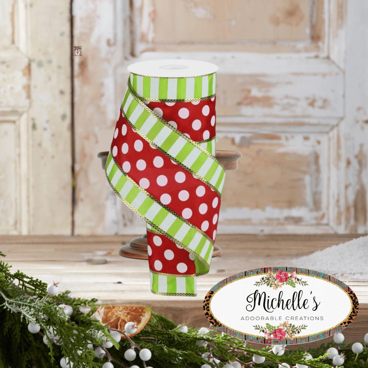 Shop For 4" Striped Edge Polka Dot Ribbon: Red, Lime & White (10 Yards)