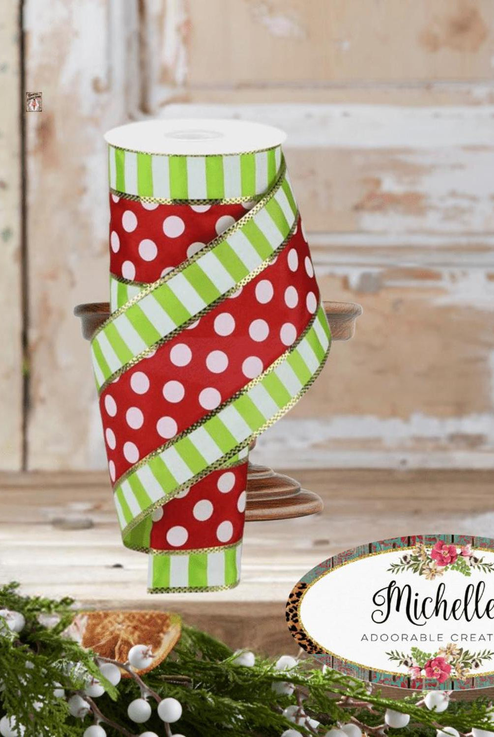 4" Striped Edge Polka Dot Ribbon: Red, Lime & White (10 Yards)