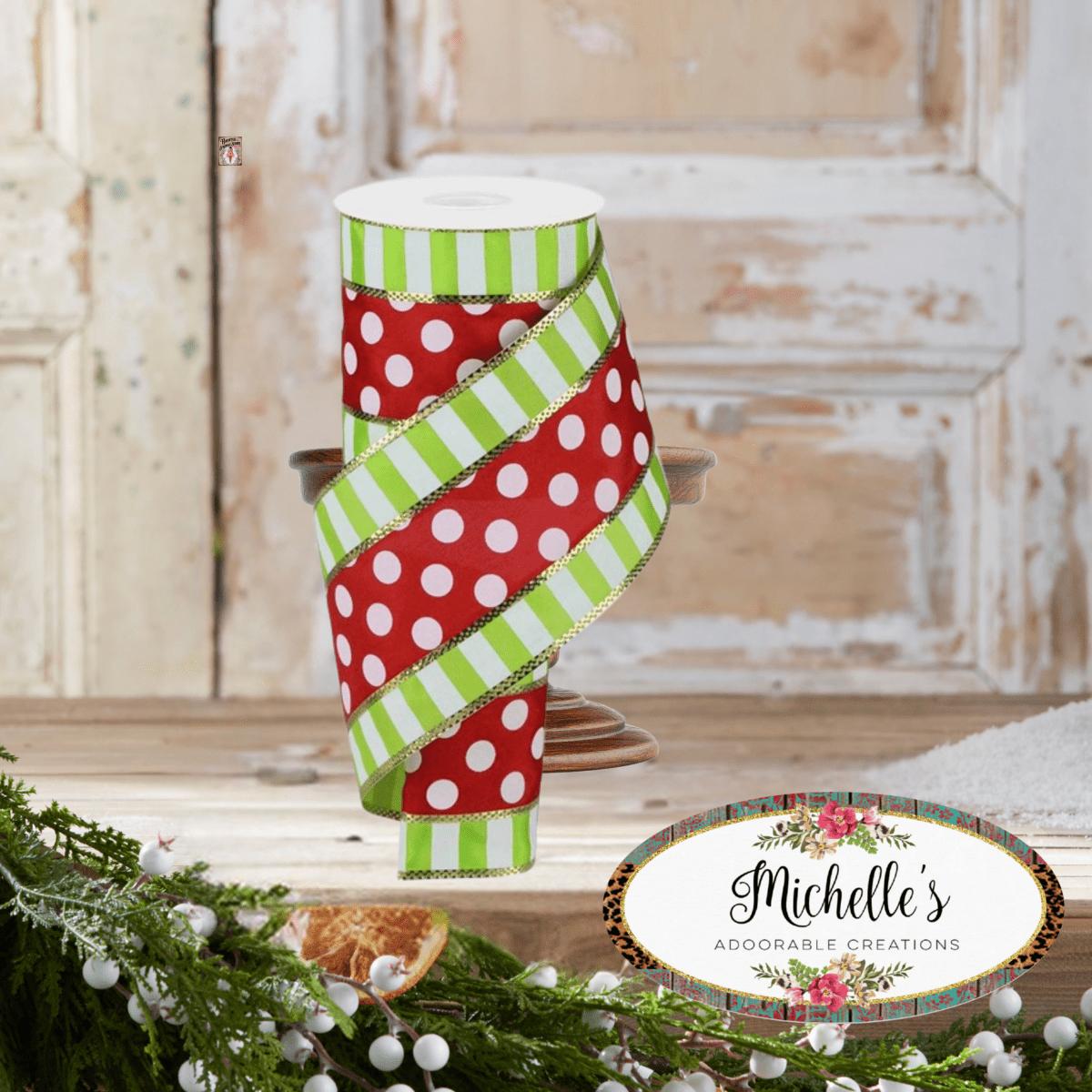 Shop For 4" Striped Edge Polka Dot Ribbon: Red, Lime & White (10 Yards)