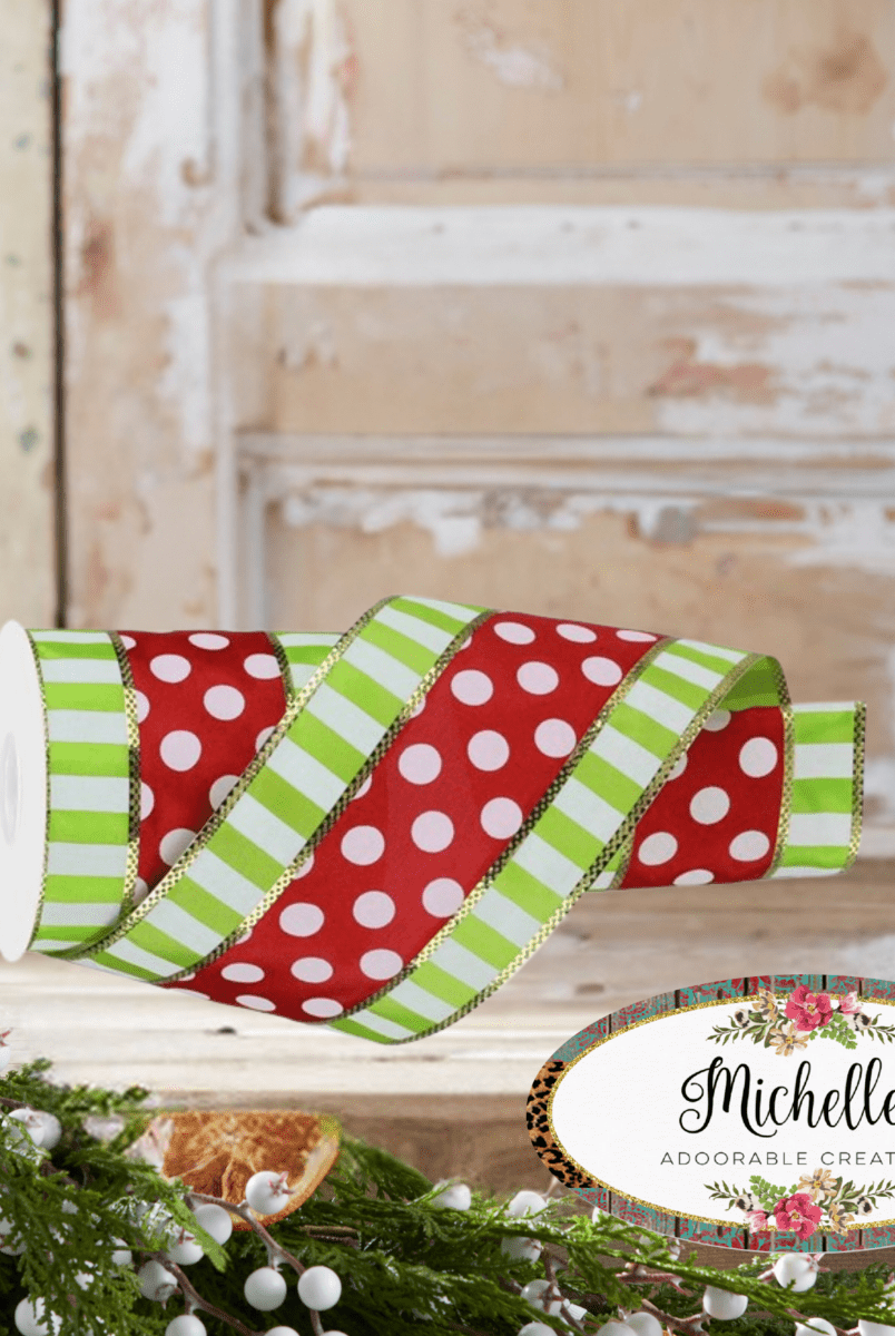 Shop For 4" Striped Edge Polka Dot Ribbon: Red, Lime & White (10 Yards)