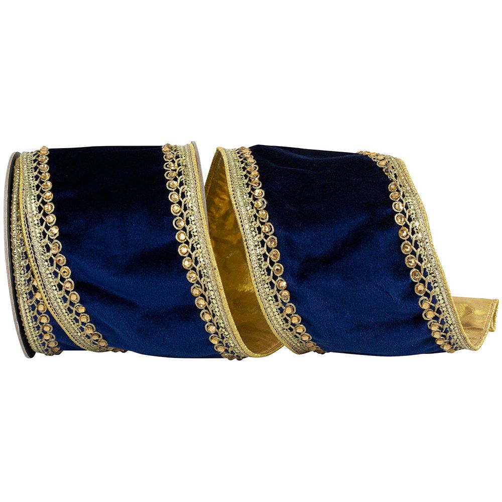 Shop For 4" Velvet Deluxe Jewel Ribbon: Navy/Gold (5 Yards)