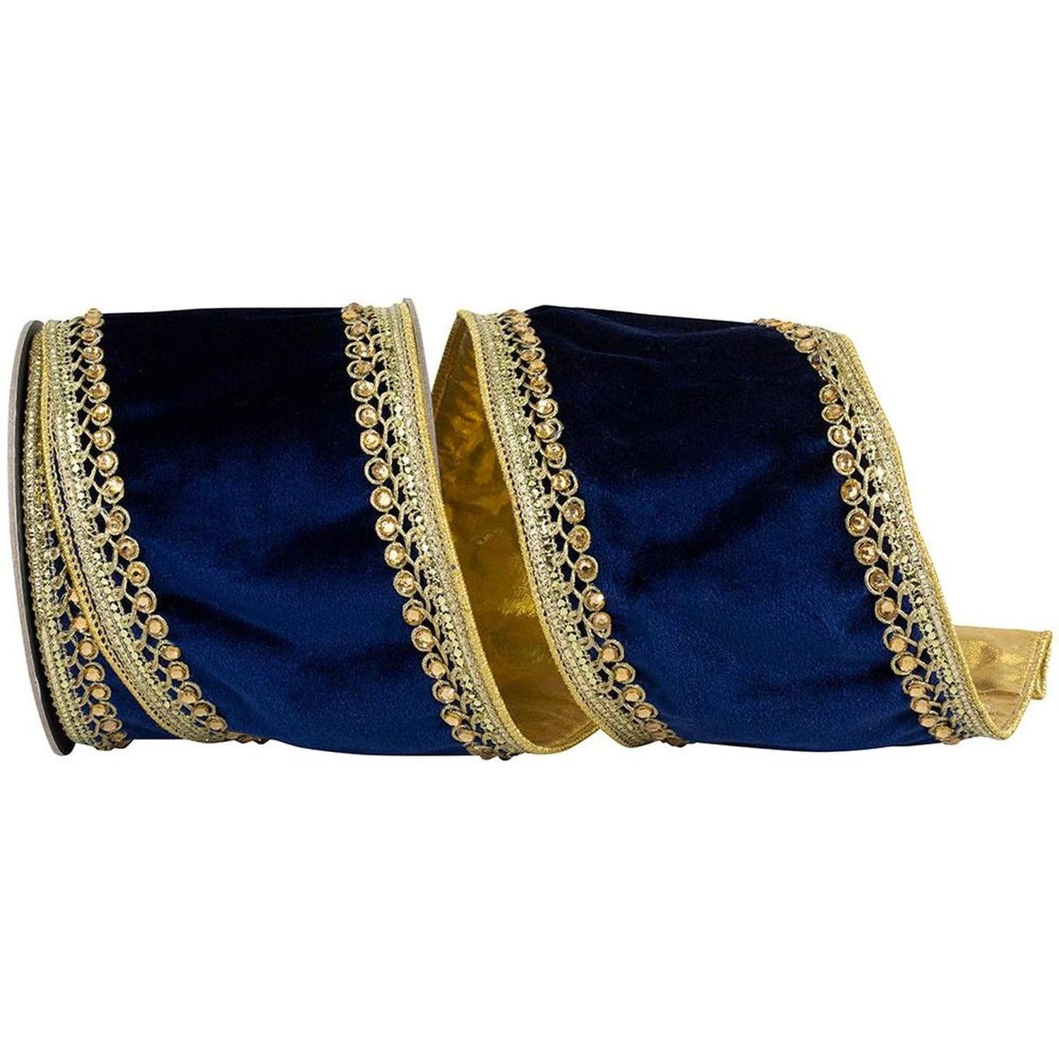 Shop For 4" Velvet Deluxe Jewel Ribbon: Navy/Gold (5 Yards)