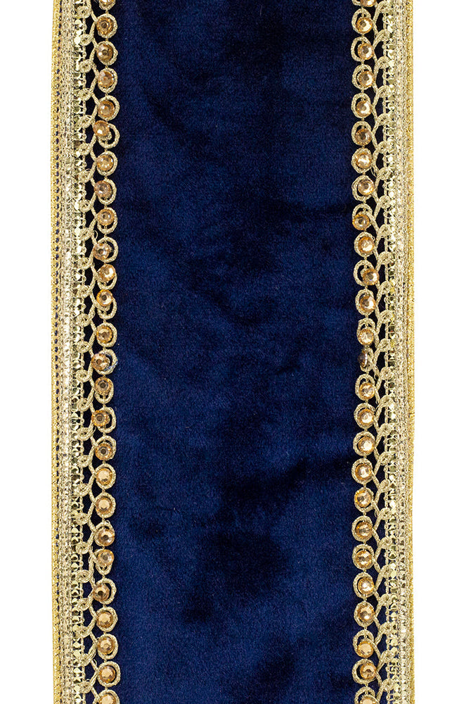 Shop For 4" Velvet Deluxe Jewel Ribbon: Navy/Gold (5 Yards)