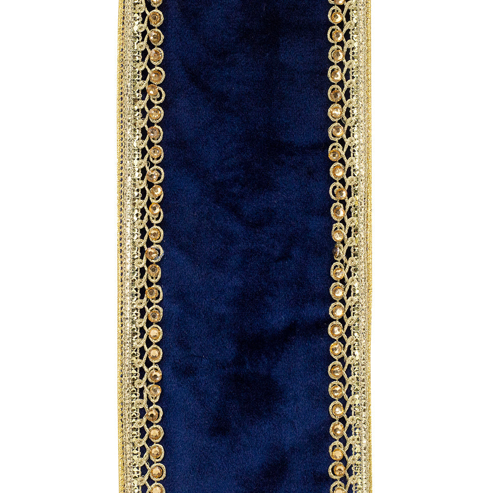 Shop For 4" Velvet Deluxe Jewel Ribbon: Navy/Gold (5 Yards)