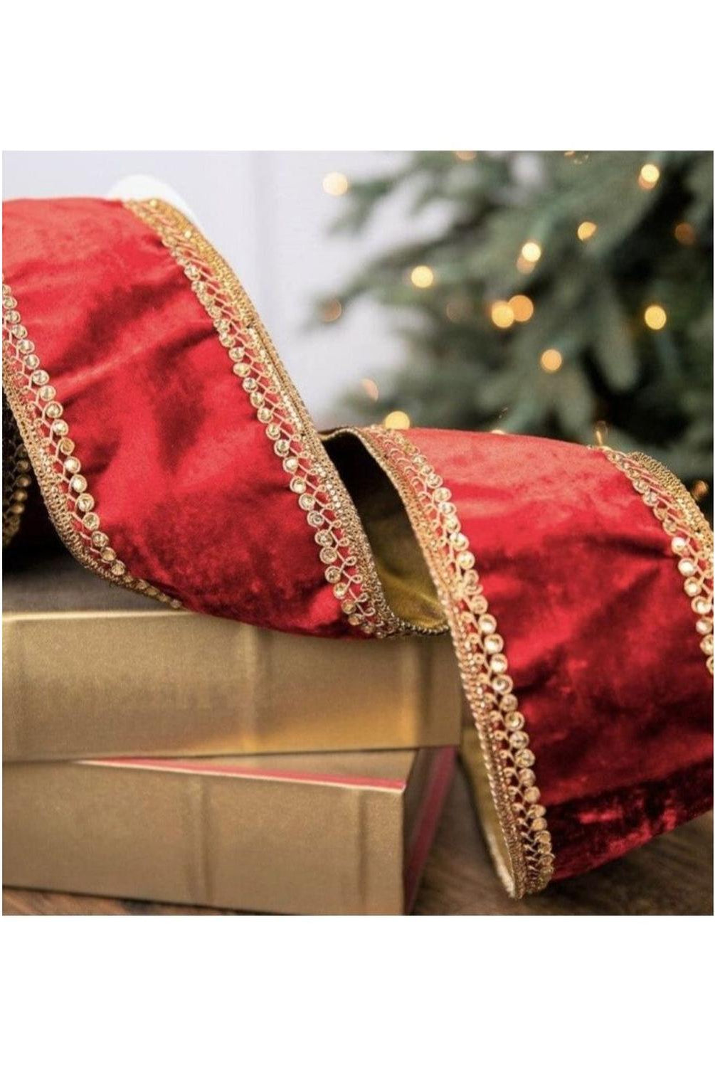 4" Velvet Gold Jewel Ribbon: Red (5 Yards)
