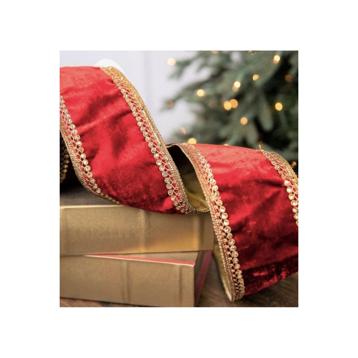 Shop For 4" Velvet Gold Jewel Ribbon: Red (5 Yards)