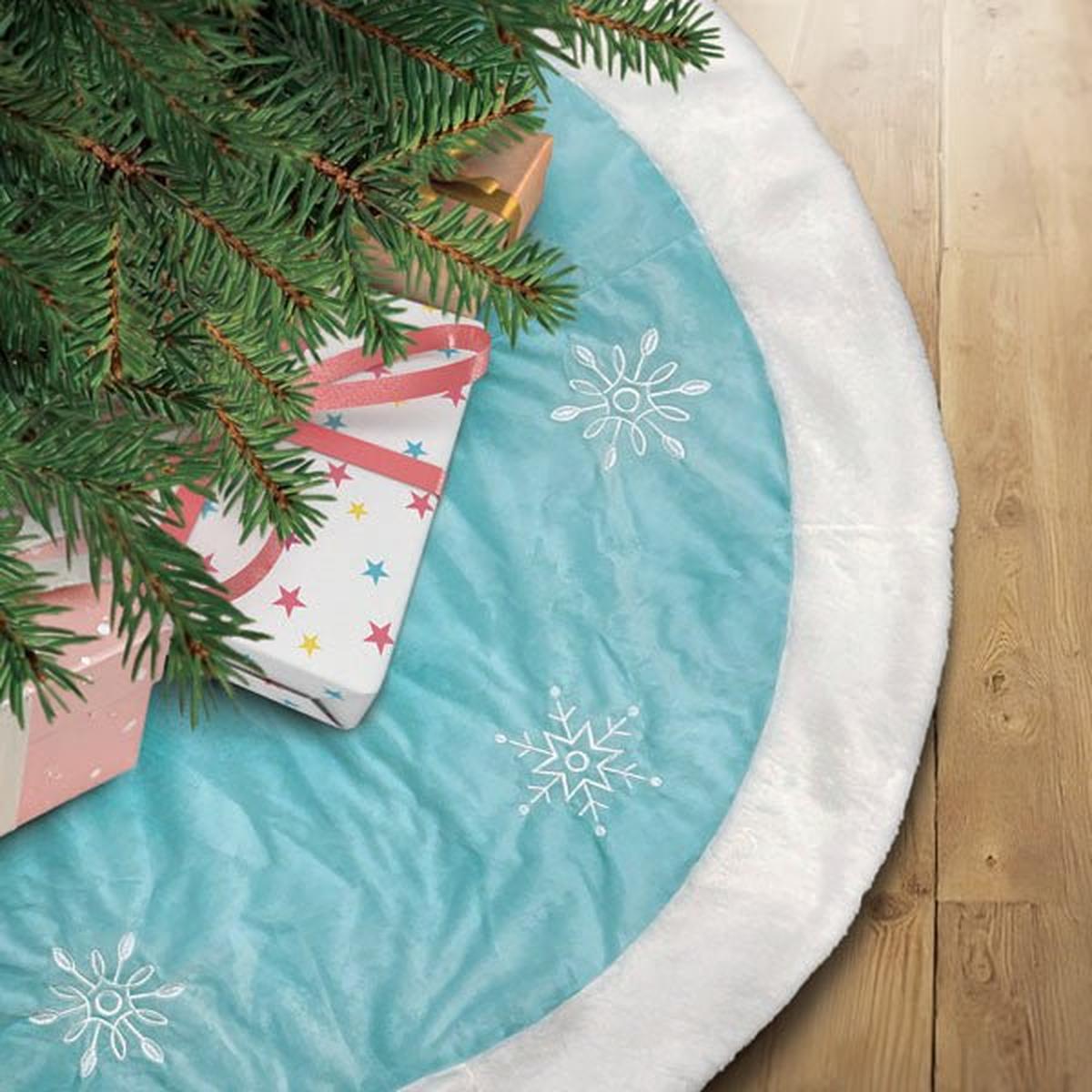 Shop For 48" Pastel Blue Snowflake Embroidered Tree Skirt With Faux Fur Trim