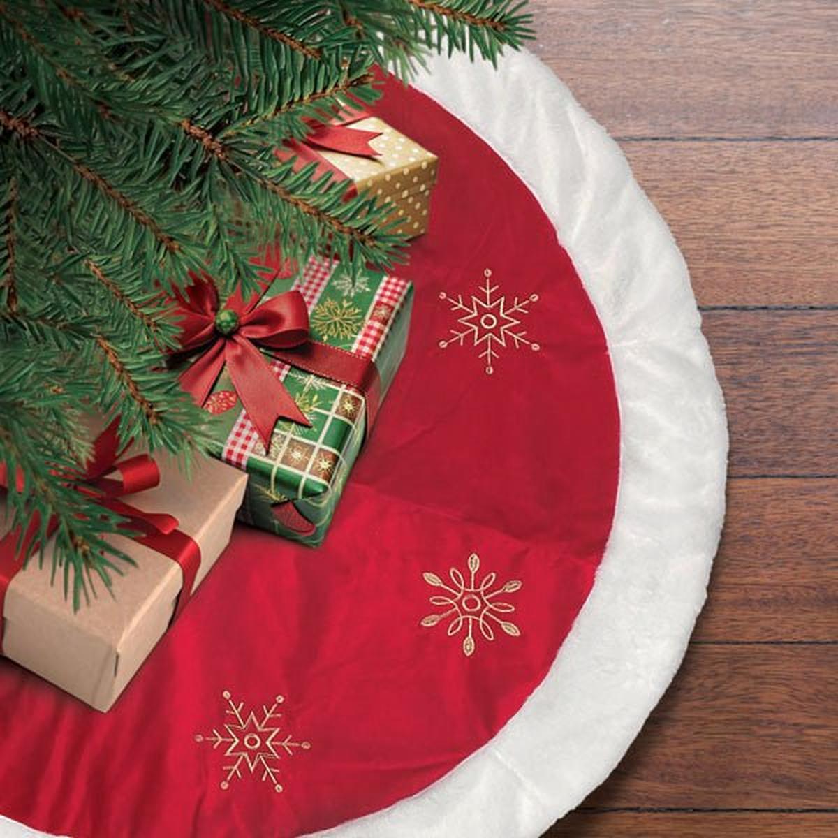 Shop For 48" Red Snowflake Embroidered Tree Skirt With Faux Fur Trim