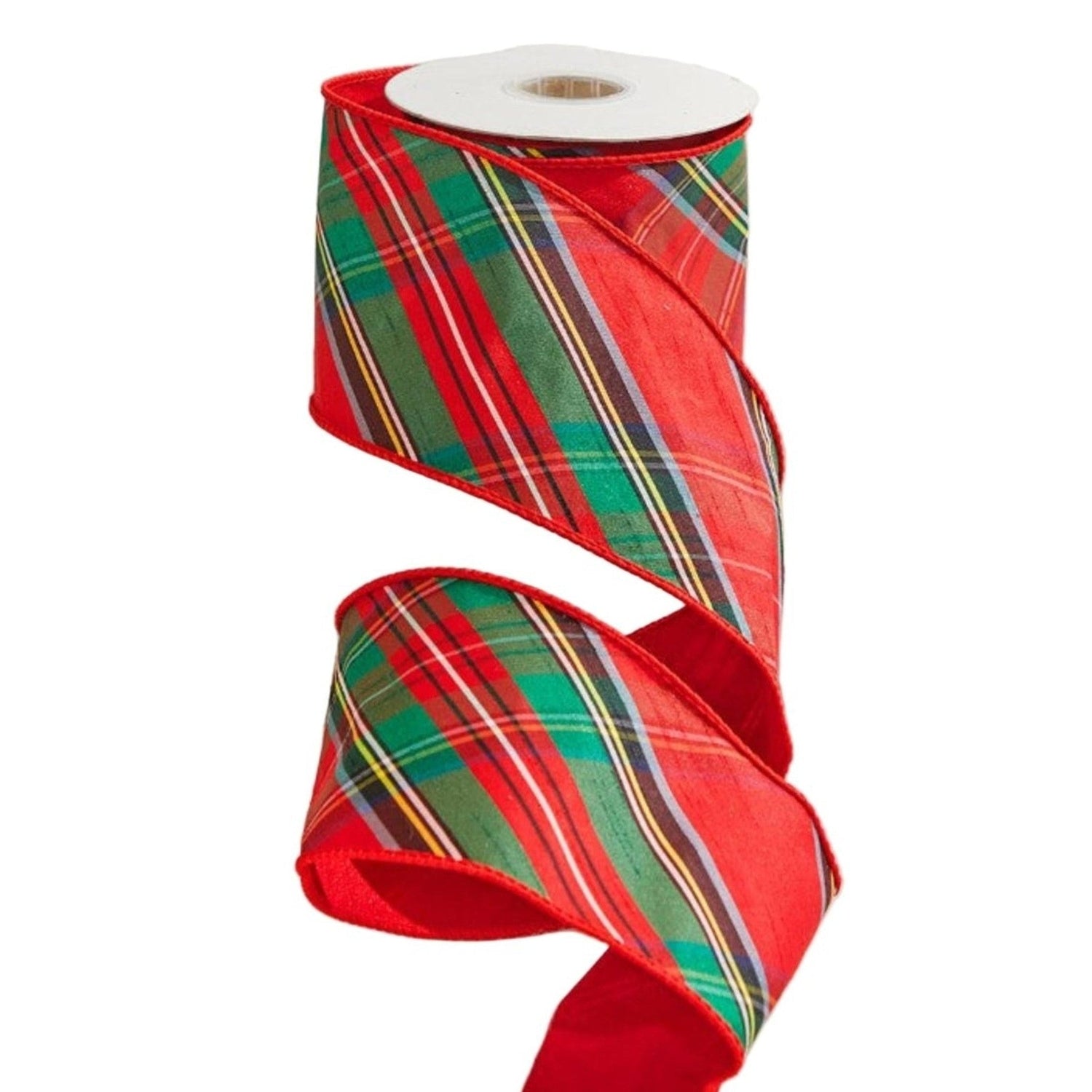 4in Diagonal Plaid Dupion Ribbon: Red (5 Yards)