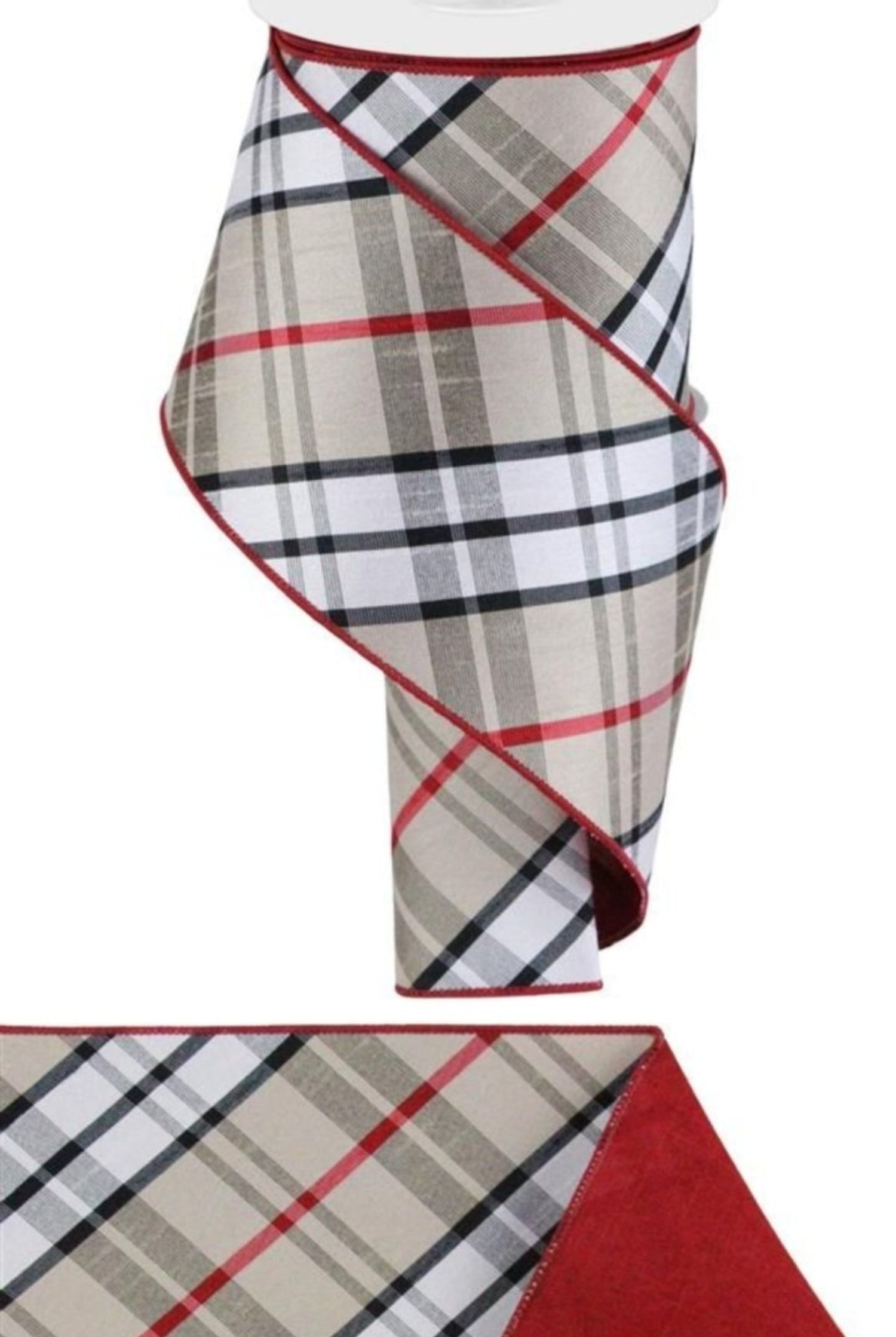 4in Diagonal Plaid Ribbon: Red/Tan (10 Yards)