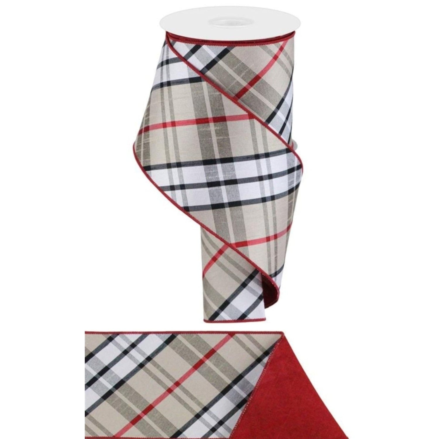 4in Diagonal Plaid Ribbon: Red/Tan (10 Yards)