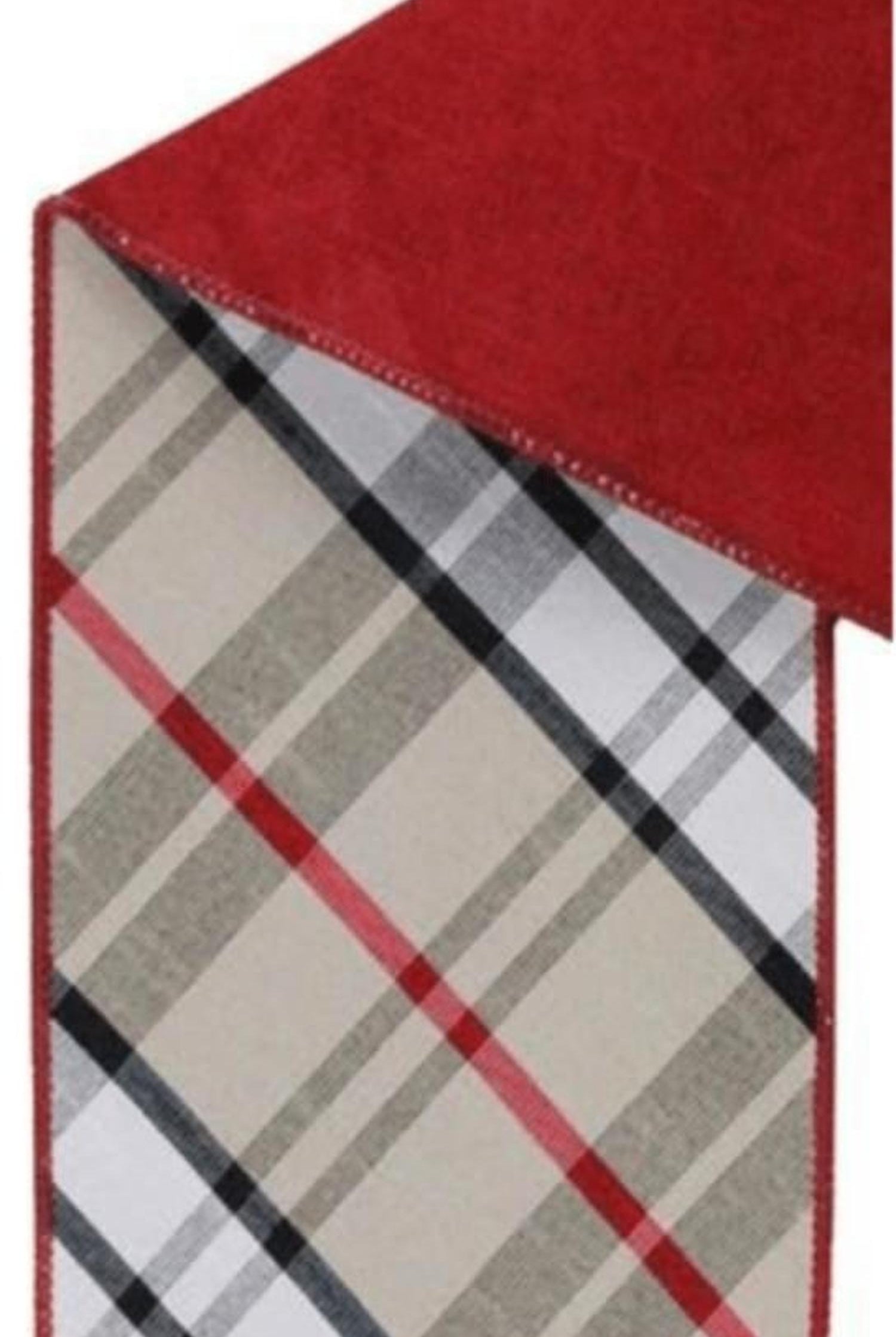 4in Diagonal Plaid Ribbon: Red/Tan (10 Yards)