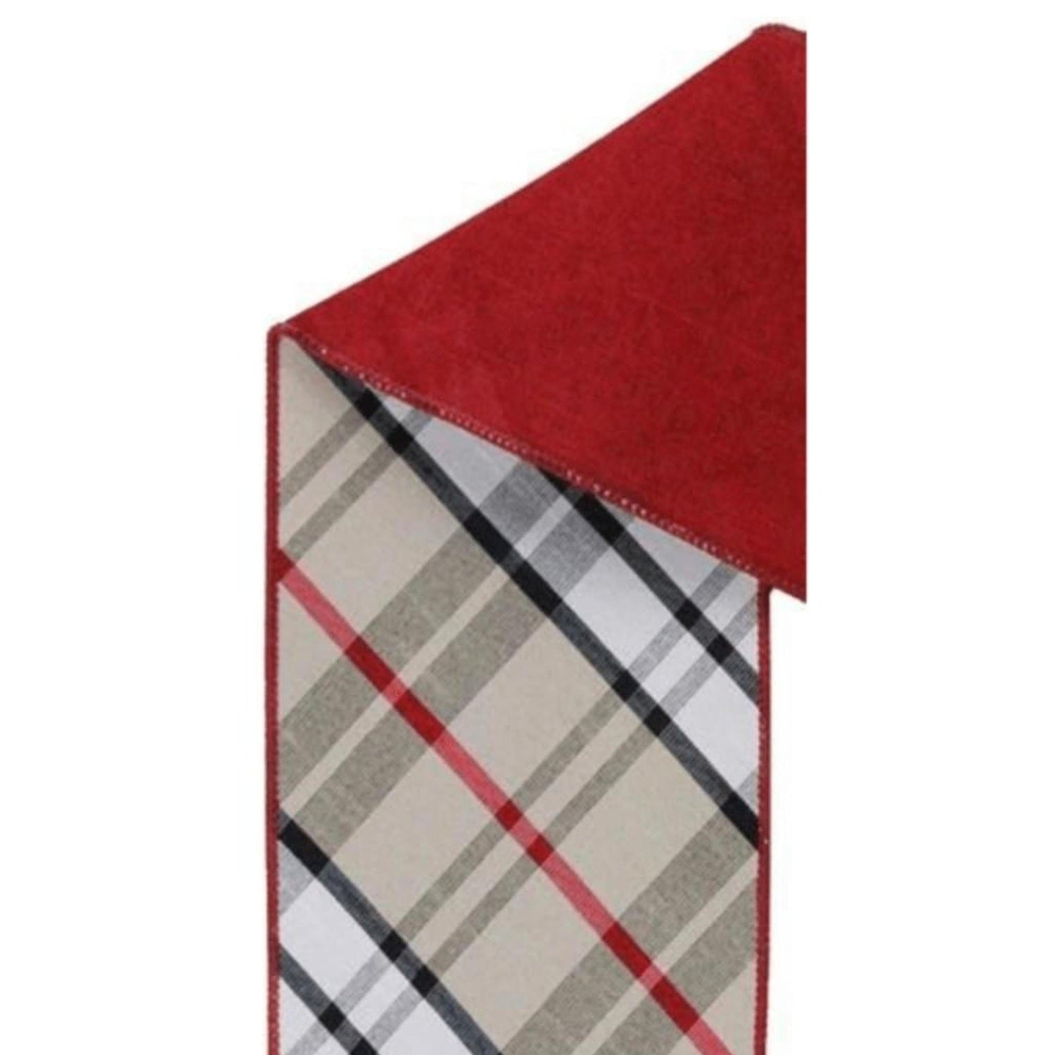 4in Diagonal Plaid Ribbon: Red/Tan (10 Yards)