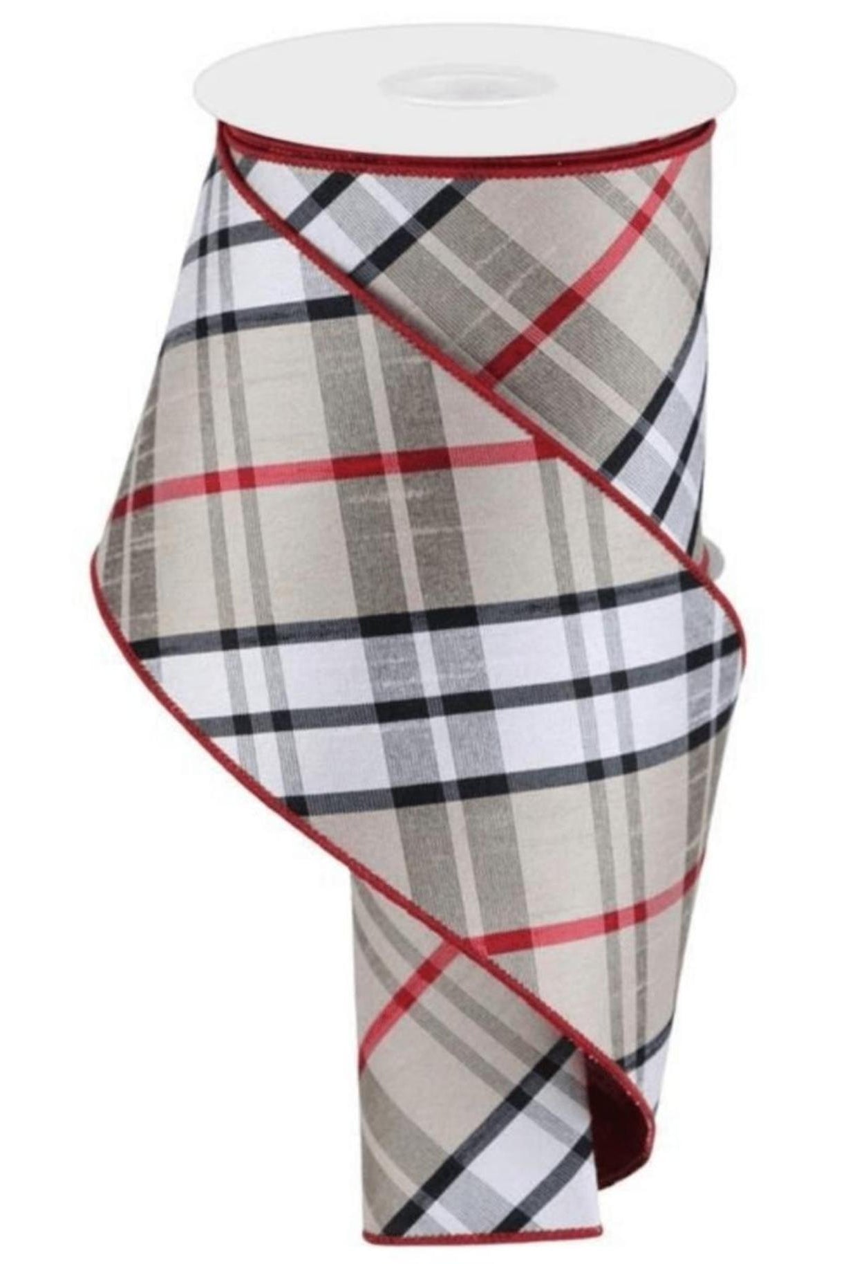 4in Diagonal Plaid Ribbon: Red/Tan (10 Yards)