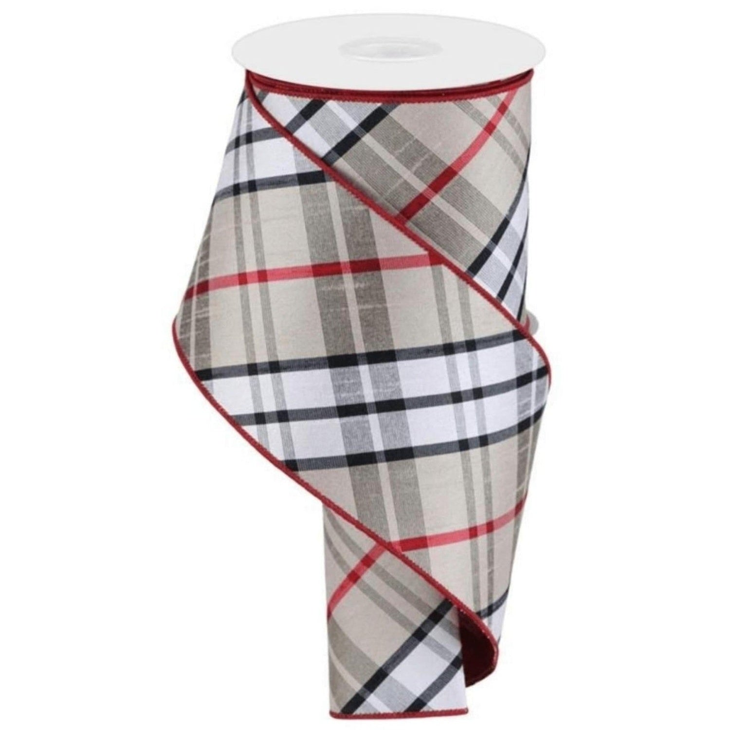 4in Diagonal Plaid Ribbon: Red/Tan (10 Yards)