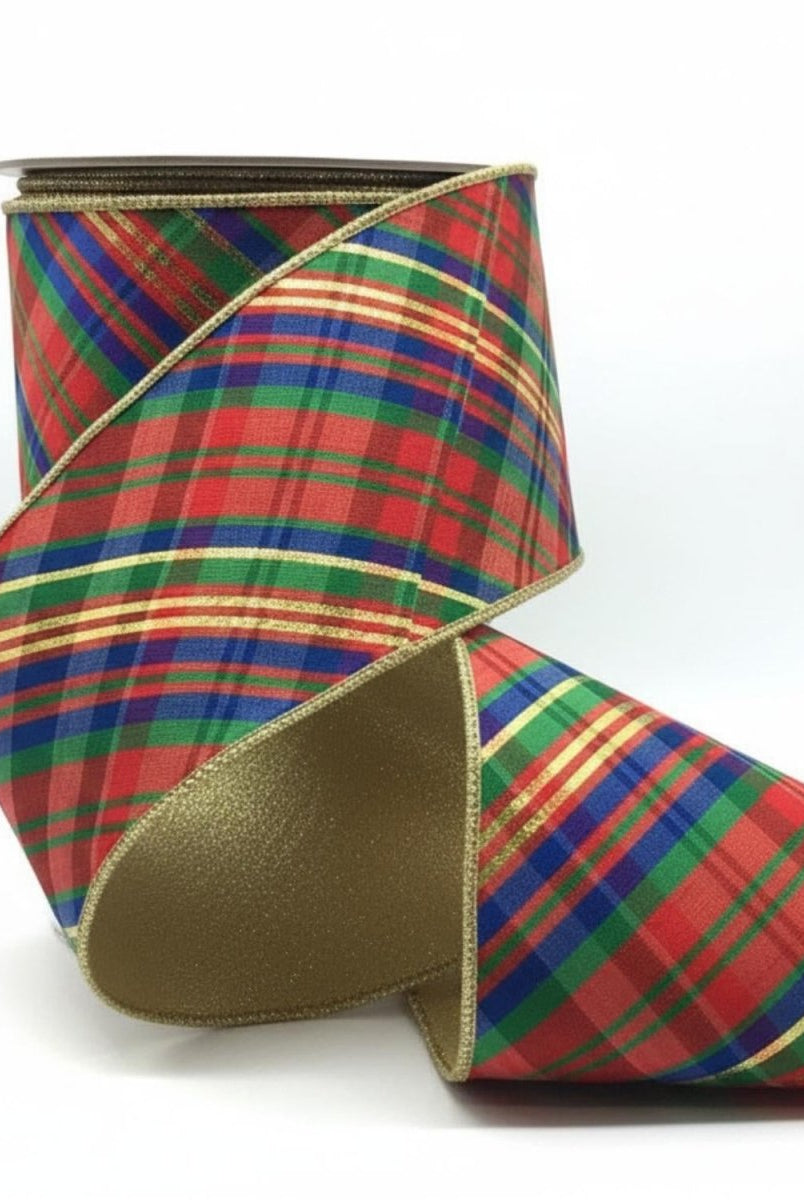 Shop For 4in Dupion Diagonal Yuletide Plaid Ribbon: Red, Green & Blue (10 Yards)