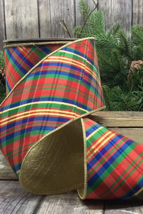Shop For 4in Dupion Diagonal Yuletide Plaid Ribbon: Red, Green & Blue (10 Yards)