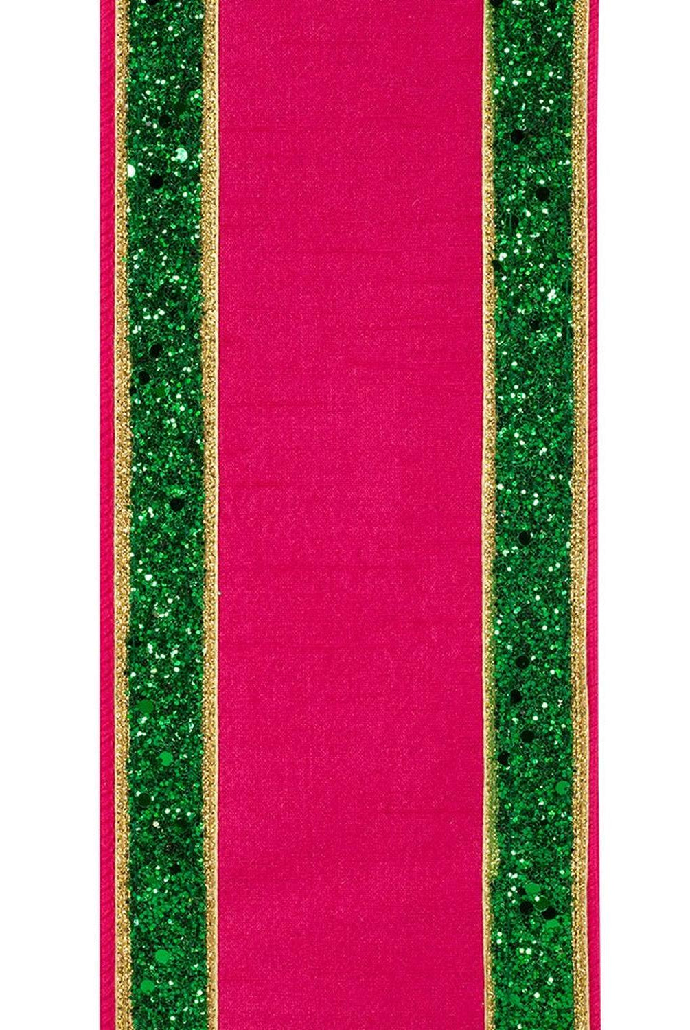 4in Dupioni Regalia Glitter Ribbon: Fuchsia/Green (5 Yards)