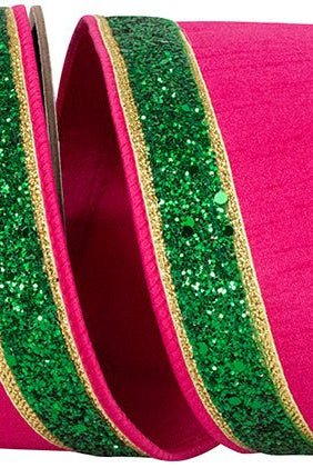 Shop For 4in Dupioni Regalia Glitter Ribbon: Fuchsia/Green (5 Yards)