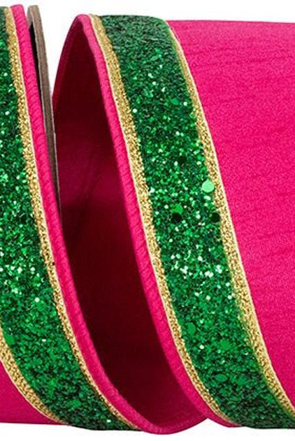 4in Dupioni Regalia Glitter Ribbon: Fuchsia/Green (5 Yards)