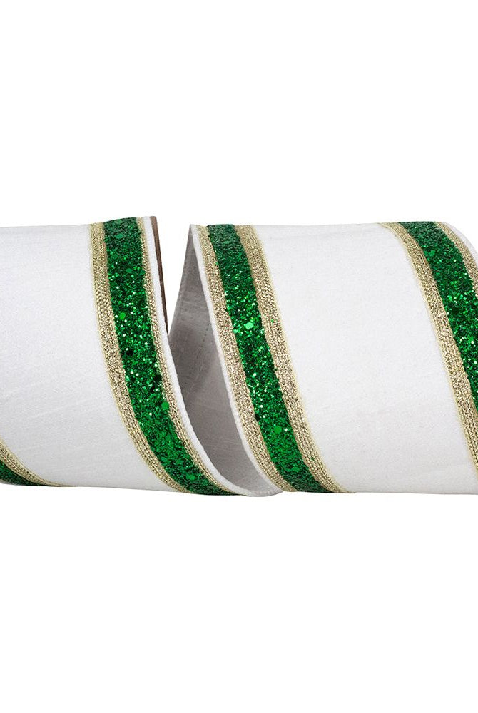 Shop For 4in Dupioni Regalia Glitter Ribbon: Green/White (5 Yards)