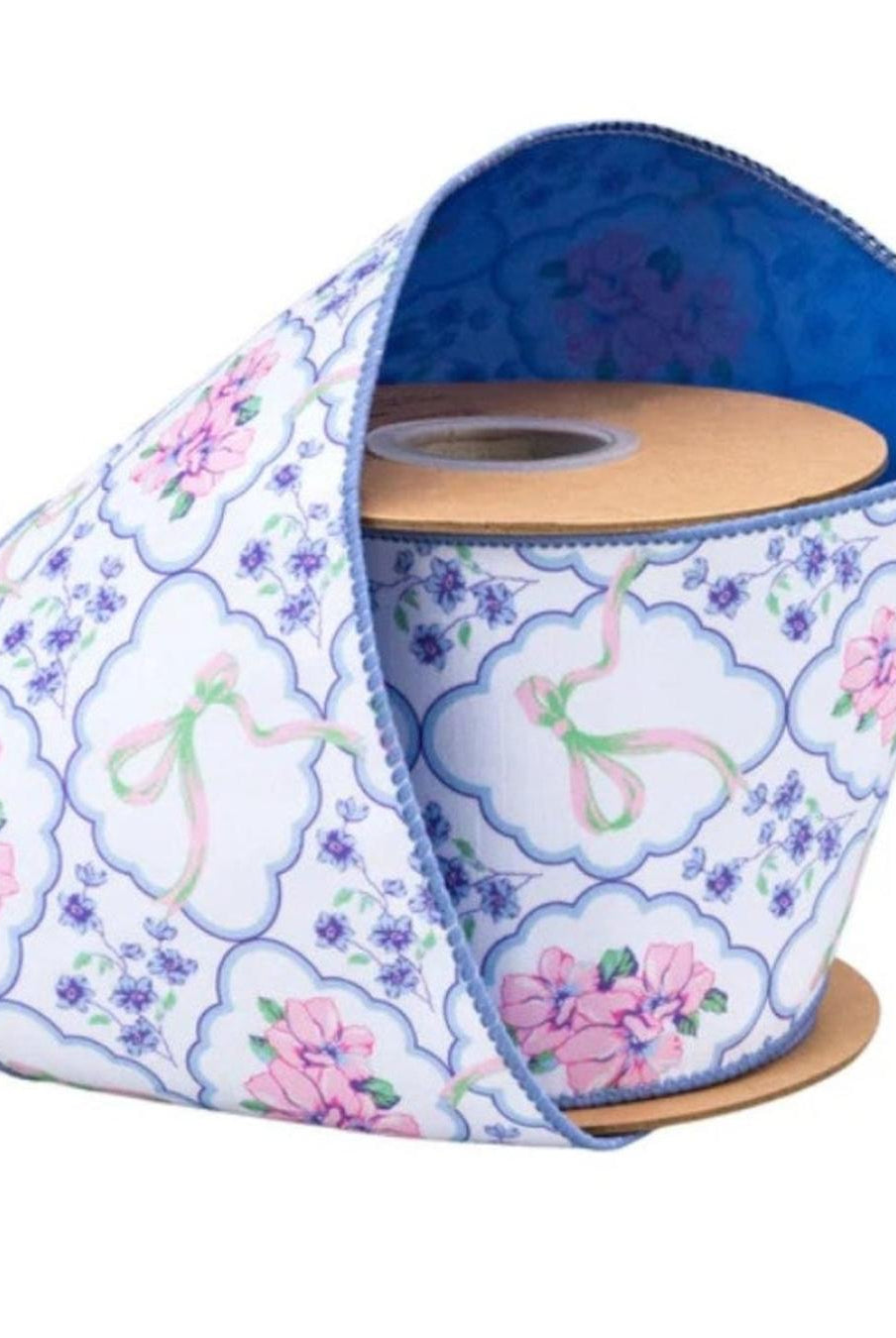 4in Florals and Bow Dupioni Ribbon: Blue/White (10 Yards)