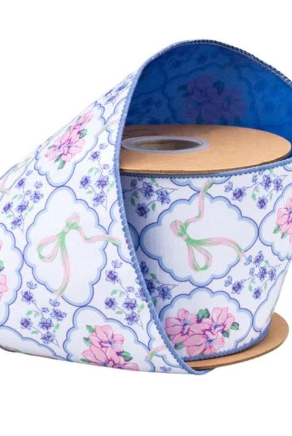 4in Florals and Bow Dupioni Ribbon: Blue/White (10 Yards)