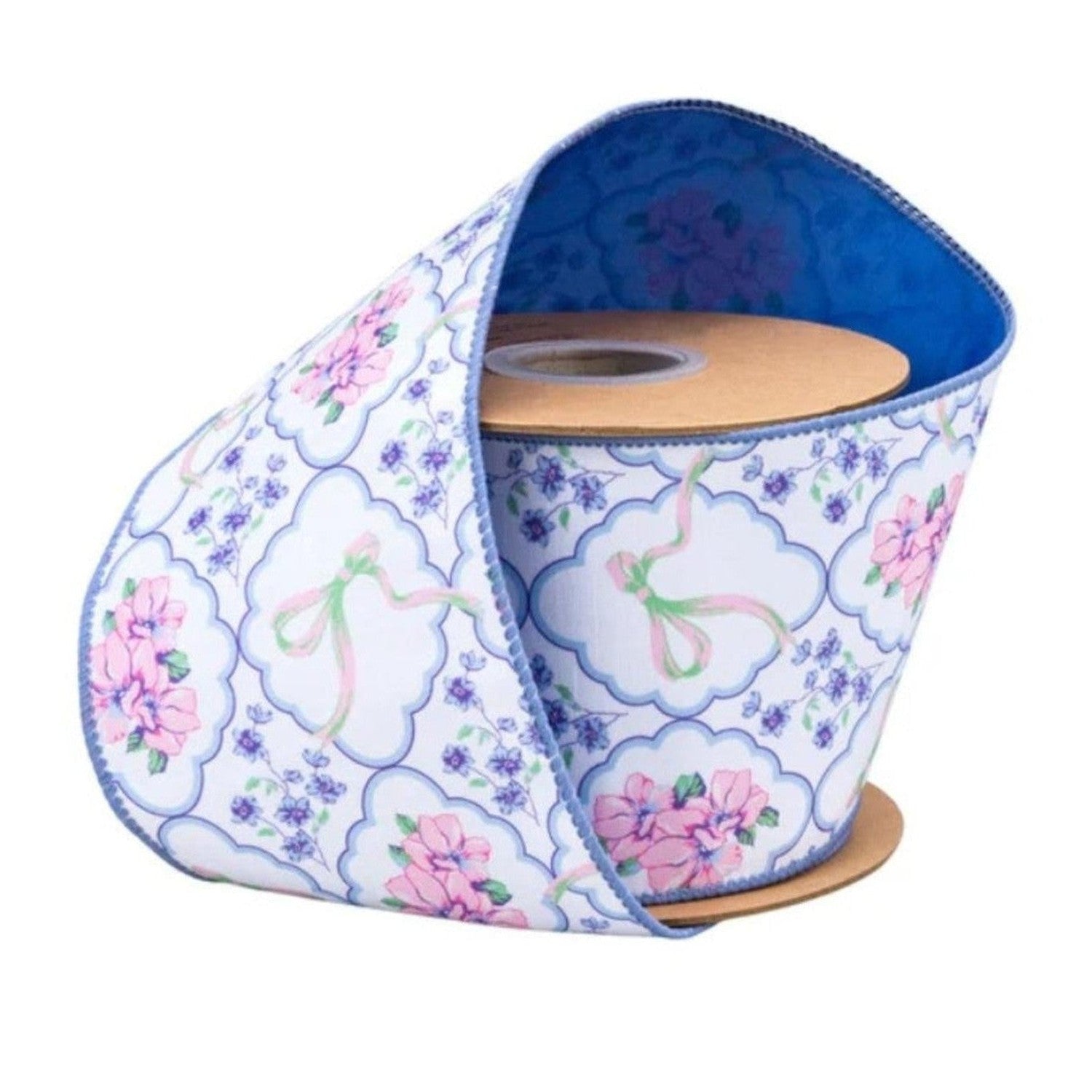 4in Florals and Bow Dupioni Ribbon: Blue/White (10 Yards)