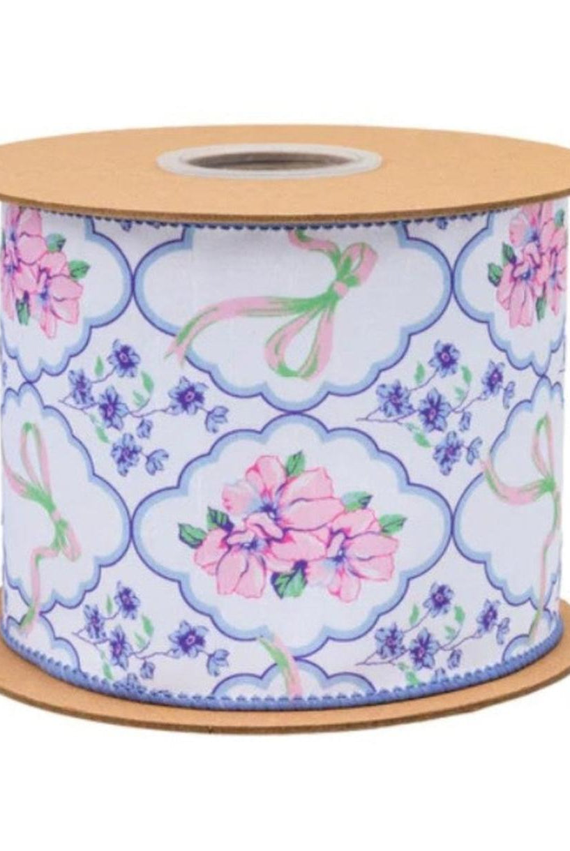 4in Florals and Bow Dupioni Ribbon: Blue/White (10 Yards)