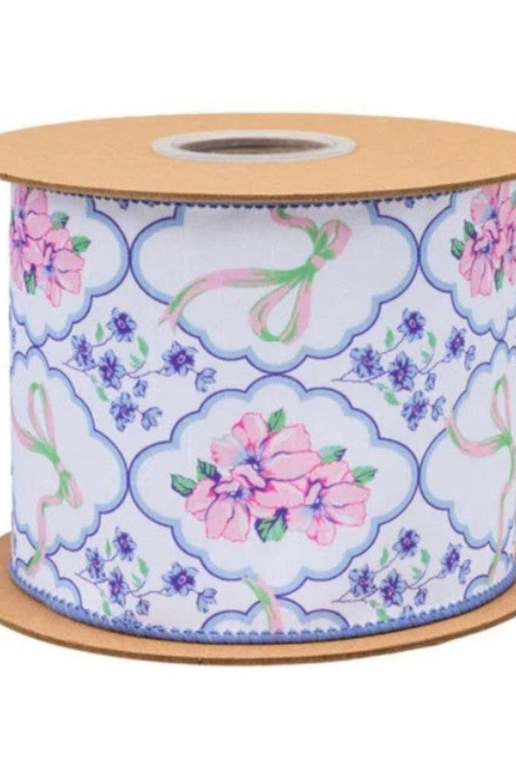 4in Florals and Bow Dupioni Ribbon: Blue/White (10 Yards)