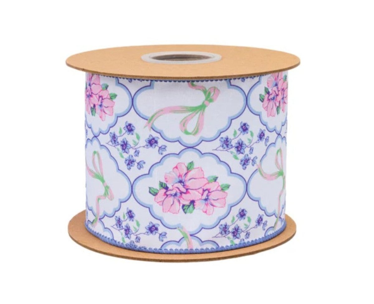 Shop For 4in Florals and Bow Dupioni Ribbon: Blue/White (10 Yards)