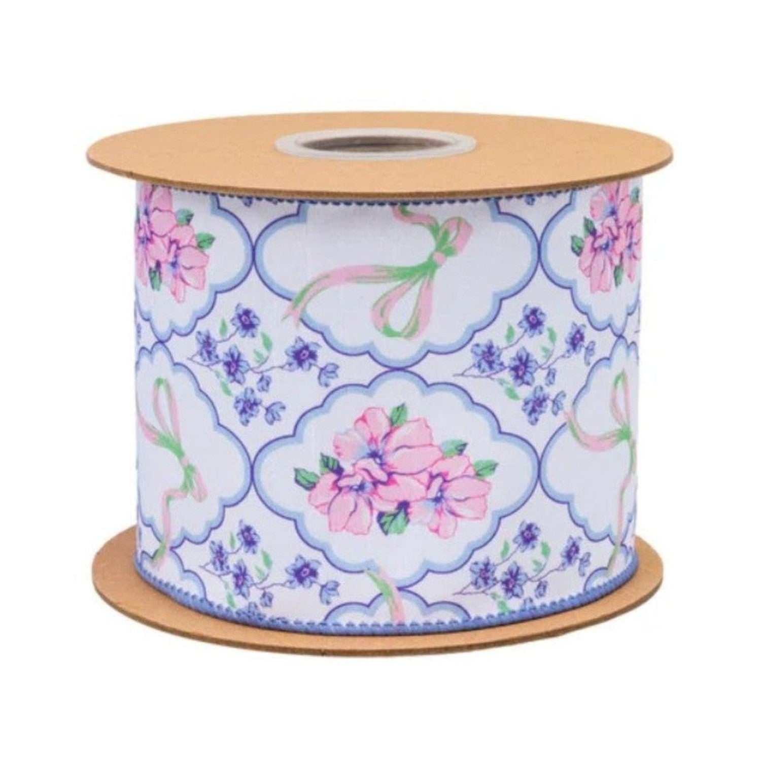 4in Florals and Bow Dupioni Ribbon: Blue/White (10 Yards)