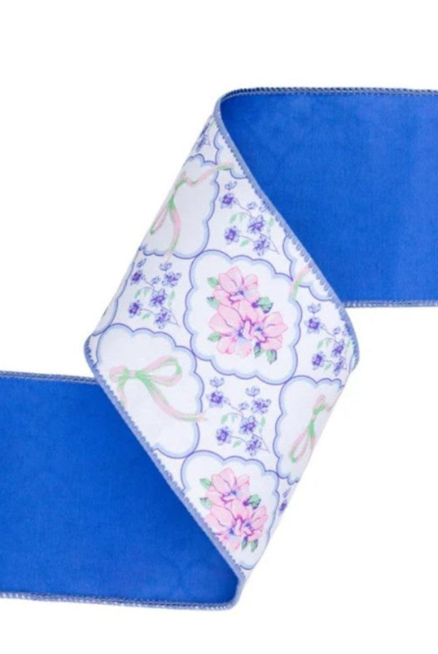 4in Florals and Bow Dupioni Ribbon: Blue/White (10 Yards)