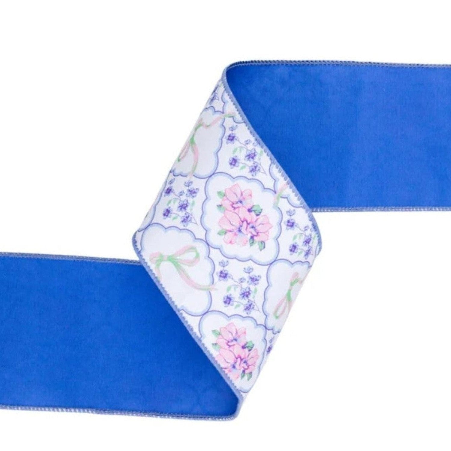 4in Florals and Bow Dupioni Ribbon: Blue/White (10 Yards)