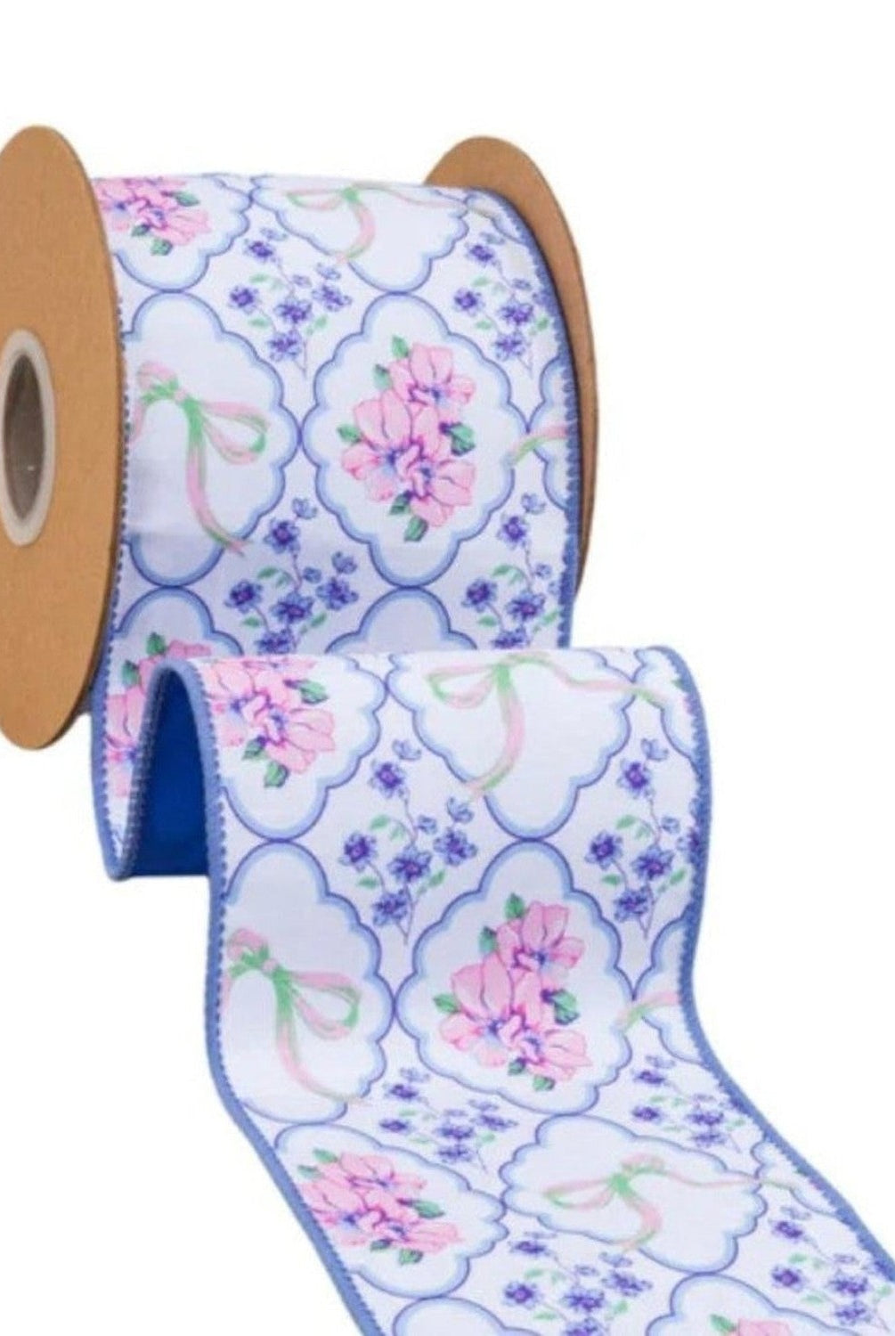 4in Florals and Bow Dupioni Ribbon: Blue/White (10 Yards)